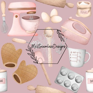 May include: A pink and brown seamless pattern featuring various baking supplies, including a stand mixer, measuring cups, rolling pin, oven mitts, and a muffin tin. The pattern is set against a light pink background.