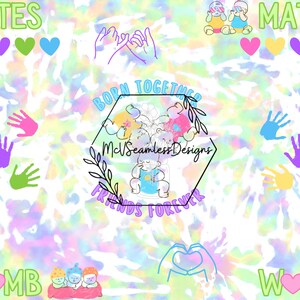 Op de afbeelding: Een kleurrijke tie-dye achtergrond met de tekst "Born Together Friends Forever" in een zeshoekige vorm. De achtergrond bevat ook handafdrukken, harten en twee kinderen die elkaars hand vasthouden.
