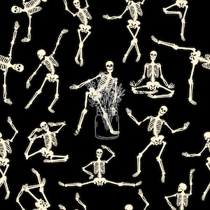 May include: A seamless pattern featuring white skeletons in various poses on a black background. Some skeletons are dancing, some are sitting in a meditative pose, and one is holding a jar of flowers.
