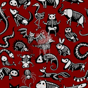 May include: A red background with a repeating pattern of various animal skeletons in white. The animals include a bird, a bat, a snake, a dog, a cat, a fish, a turtle, a hedgehog, a chameleon, a rabbit, an elephant, a spider, and a deer.