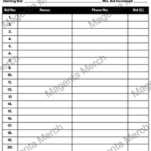 Silent Auction Bid Sheet - Currency In Pounds - A4 & US Letter PDF Formats
