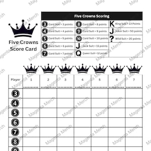 Afdrukbare vervangende scorekaart compatibel met vijf kronen: pdf-bestanden A0, A1, A2, A3, A4 en US Letter