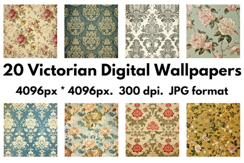 May include: A set of 20 digital Victorian wallpaper designs. The designs feature floral patterns, damask patterns, and geometric patterns in various colours, including blue, green, red, and gold. The wallpapers are 4096 pixels by 4096 pixels and are in JPG format.