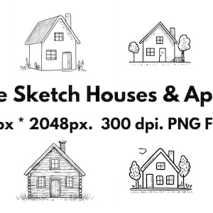 Peut inclure: Une collection de 21 croquis de maisons et d'appartements au format PNG. Les illustrations en noir et blanc représentent différents styles de maisons, y compris des cottages et un immeuble d'appartements. La résolution de l'image est de 2048px par 2048px.