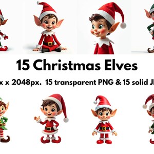 May include: A collection of 15 Christmas elf illustrations. Each elf is depicted in a festive outfit, including a red or green jacket, matching hat, and shoes. The image also includes the text "15 Christmas Elves" and the image dimensions.