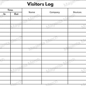 Può includere: Un modulo "Visitors Log" in bianco e nero. Il modulo include campi per data, ora di entrata/uscita, nome, azienda, dispositivi e targa. La parte superiore del modulo ha il titolo "Visitors Log".