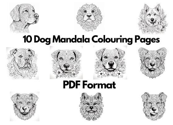 10 Dog Mandala Colouring Pages - A0, A1, A2, A3, A4, US Letter PDF Formats