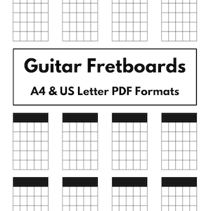 May include: Nine printable guitar fretboard diagrams in black and white. The diagrams are labelled "Guitar Fretboards" and "A4 & US Letter PDF Formats".