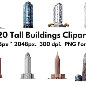 Peut inclure: Un ensemble de clipart numérique de 20 bâtiments hauts de différents styles. Les bâtiments sont rendus dans un style réaliste et sont parfaits pour une utilisation dans des projets de conception, des présentations et d'autres projets créatifs. L'image est de 2048 pixels par 2048 pixels et est au format PNG.