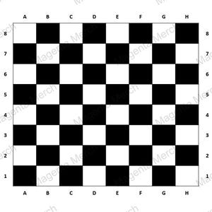 May include: A black and white checkered chessboard with the letters A through H across the top and numbers 1 through 8 along the sides. The board is a classic design for playing chess.