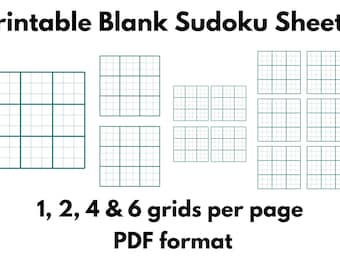 Printable Blank Sudoku Sheets - 1, 2, 4 & 6 grids - A0, A1, A2, A3, A4, US Letter PDF formats
