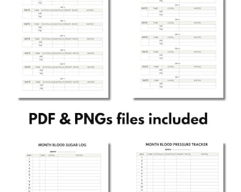Afdrukbare maandelijkse en wekelijkse bloedsuiker- en bloeddruktrackers - A4-, pdf- en png-indeling