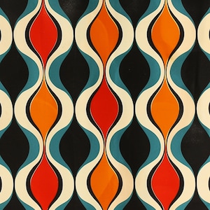 May include: Abstract pattern with a repeating design of orange, red, and teal teardrop shapes on a black background.