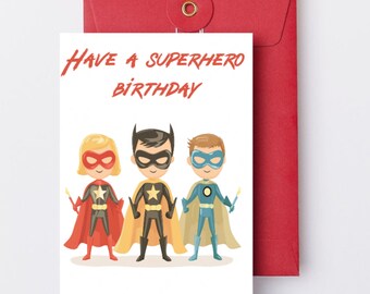 Printable Superheroes Happy Birthday Card Digital Download - A4 and US Letter PNG & PDF Formats