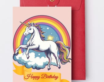 May include: A pink birthday card with a white unicorn standing on a cloud in front of a rainbow. The unicorn has a rainbow mane and tail. The card has the text "Happy Birthday" on a yellow banner.