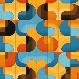 May include: Abstract geometric pattern with repeating shapes in shades of blue, orange, yellow, and brown. The design features curved lines and overlapping circles.
