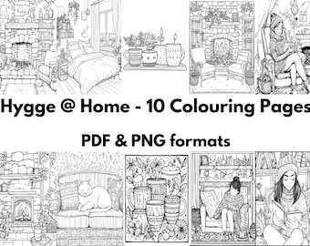 Hygge @ Home - 10 Colouring Coloring Pages - PDF & PNG Formats