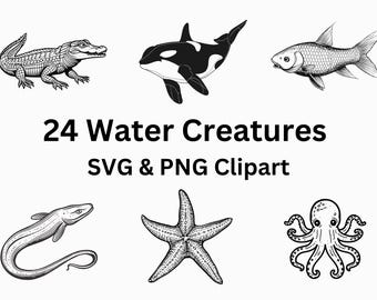 Imágenes prediseñadas de 24 criaturas acuáticas, peces y mamíferos (formatos PNG y SVG)