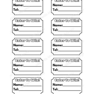 May include: A white raffle ticket template with the text "Raffle Ticket Template" and "A4 & US Letter PDF Formats". Each ticket has fields for "Name" and "Tel:", with the phrase "Enter To Win!" at the top.