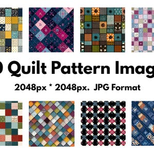 May include: An image displaying 30 quilt pattern images in various colours and designs. The patterns feature patchwork squares in shades of blue, yellow, green, red, and purple. The text reads "30 Quilt Pattern Images 2048px * 2048px. JPG Format."