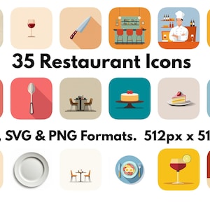 May include: A collection of 35 restaurant icons in ICO, SVG, and PNG formats. The icons feature various restaurant-related images, including food, drinks, and dining settings. The icons are square with rounded corners and are 512px by 512px.