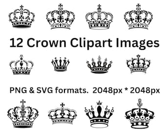 Könnte beinhalten: Zwölf schwarz-weiße Kronen-Clipart-Bilder in den Formaten PNG und SVG. Jedes Bild ist 2048 Pixel mal 2048 Pixel groß.
