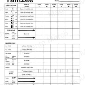 Feuille de pointage de remplacement imprimable compatible avec Yahtzee - formats PDF A4, A5 et US Letter