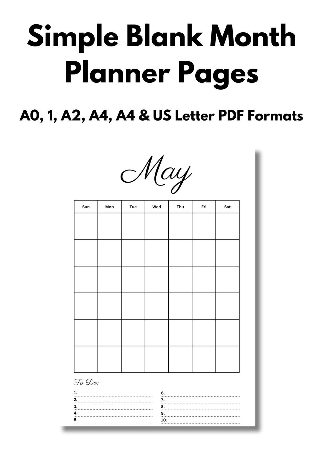 Simple Blank Month Planner Template A0, A1, A2, A3, A4 & US Letter PDF ...