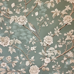 May include: A vintage wallpaper design featuring a delicate floral pattern with a bird perched on a branch. The wallpaper is in shades of grey and white on a light blue background.