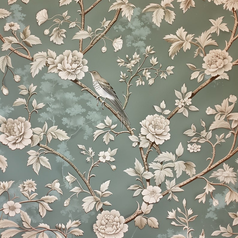 May include: A vintage wallpaper design featuring a delicate floral pattern with a bird perched on a branch. The wallpaper is in shades of grey and white on a light blue background.