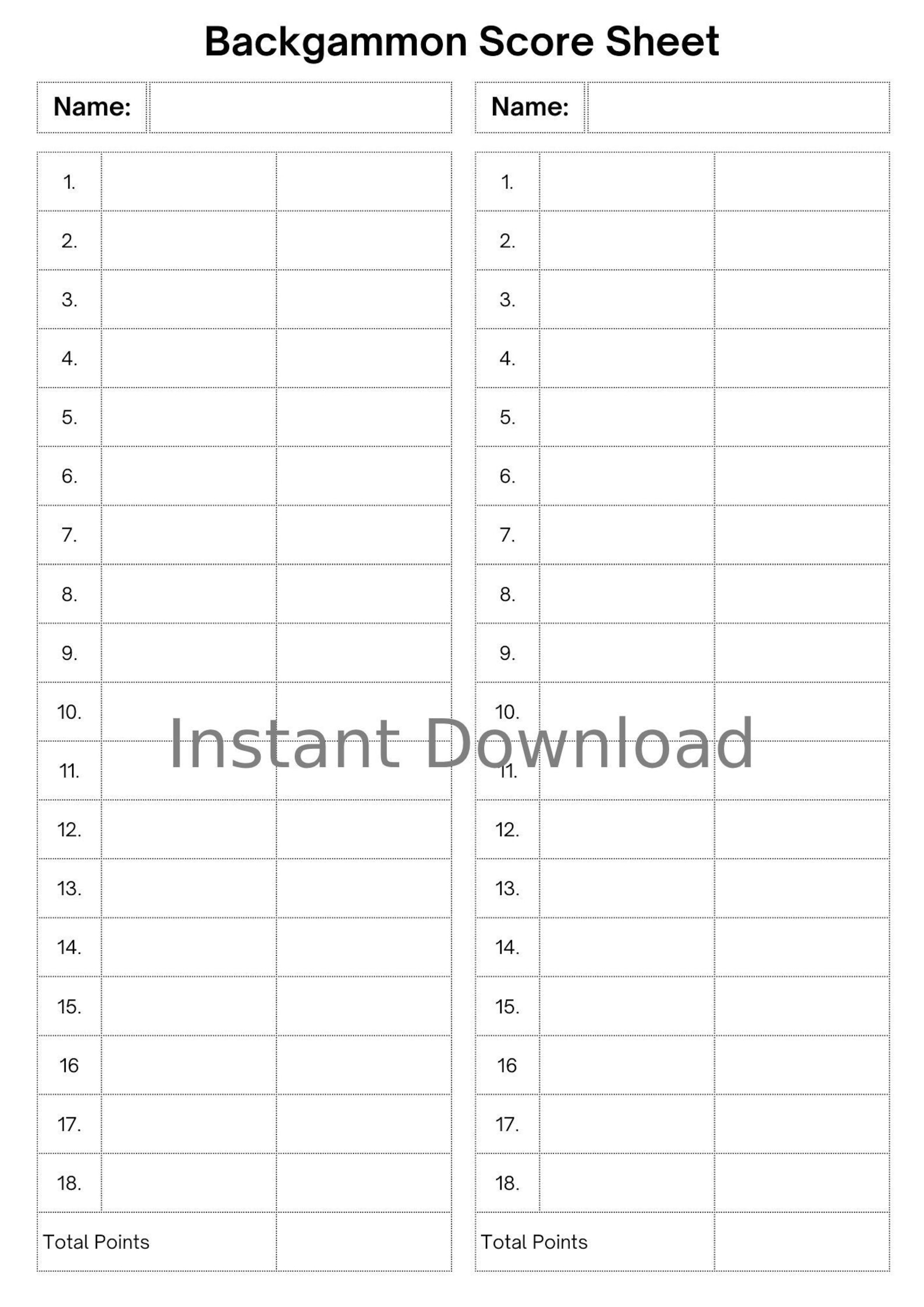 Printable Backgammon Score Sheet A4 &amp; US Letter PDF Formats - Etsy