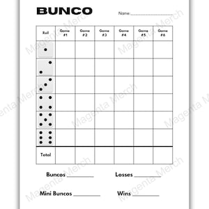 Carte de pointage de remplacement imprimable compatible avec Bunco - formats A4, A5, US Letter et PDF de 4,2 po. x 5,5 po.