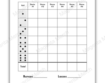 Cartão de pontuação de substituição para impressão compatível com Bunco - formatos A4, A5, US Letter e PDF 4,2&quot; * 5,5&quot;