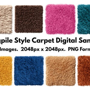 Op de afbeelding: Acht vierkante digitale voorbeelden van shagpile tapijten in verschillende kleuren: beige, bruin, roze, blauwgroen, goud, blauw, bruin en roest. De afbeelding bevat de tekst "Shagpile Style Carpet Digital Samples" en details over het afbeeldingsformaat.