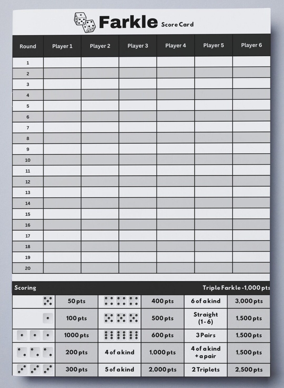 Farkle Scoring Sheet Printable