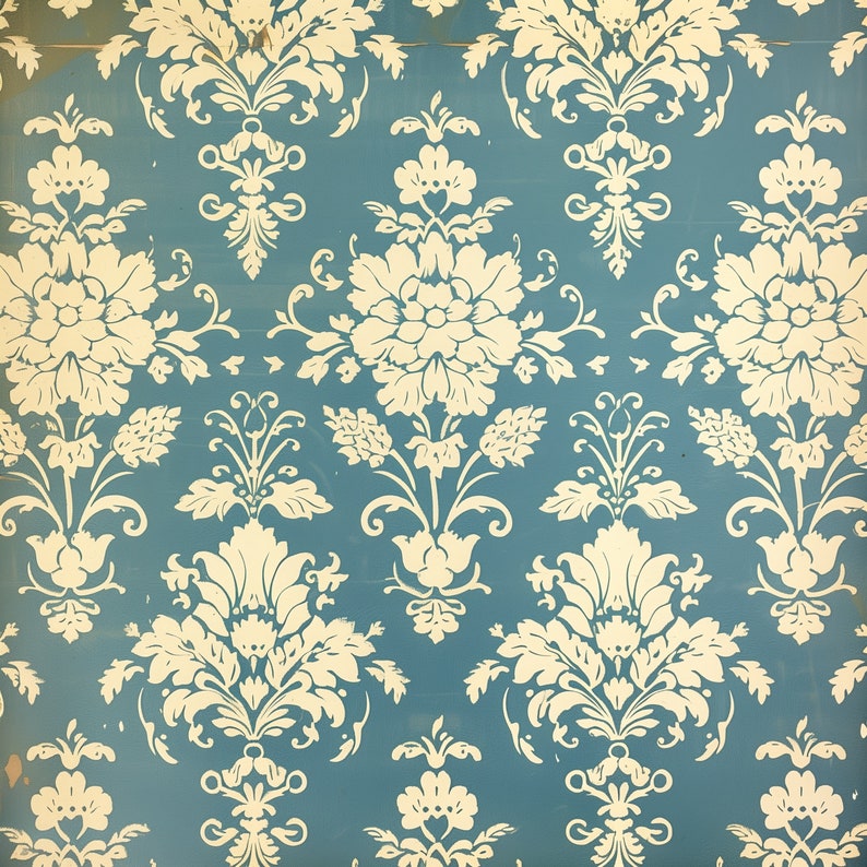 May include: A vintage wallpaper pattern with a repeating design of white floral motifs on a light blue background.