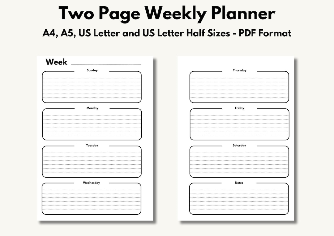 Printable Two Page Weekly Planner - A4, A5, US Letter & US Half Size ...