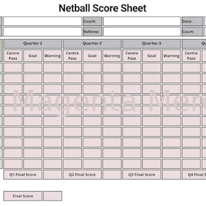 Könnte beinhalten: Ein druckbares Netball-Score-Sheet mit Spalten für Teamname, Zeit, Trainer, Schiedsrichter, Datum, Spielfeld, Position, Center Pass, Tor, Verwarnung und Endergebnis.