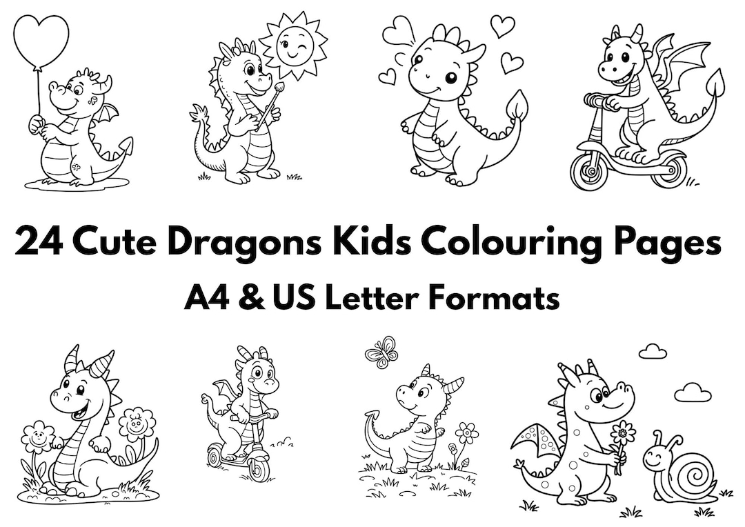 24 Cute Dragons Kids Colouring Pages - A4 & US Letter Formats - Etsy