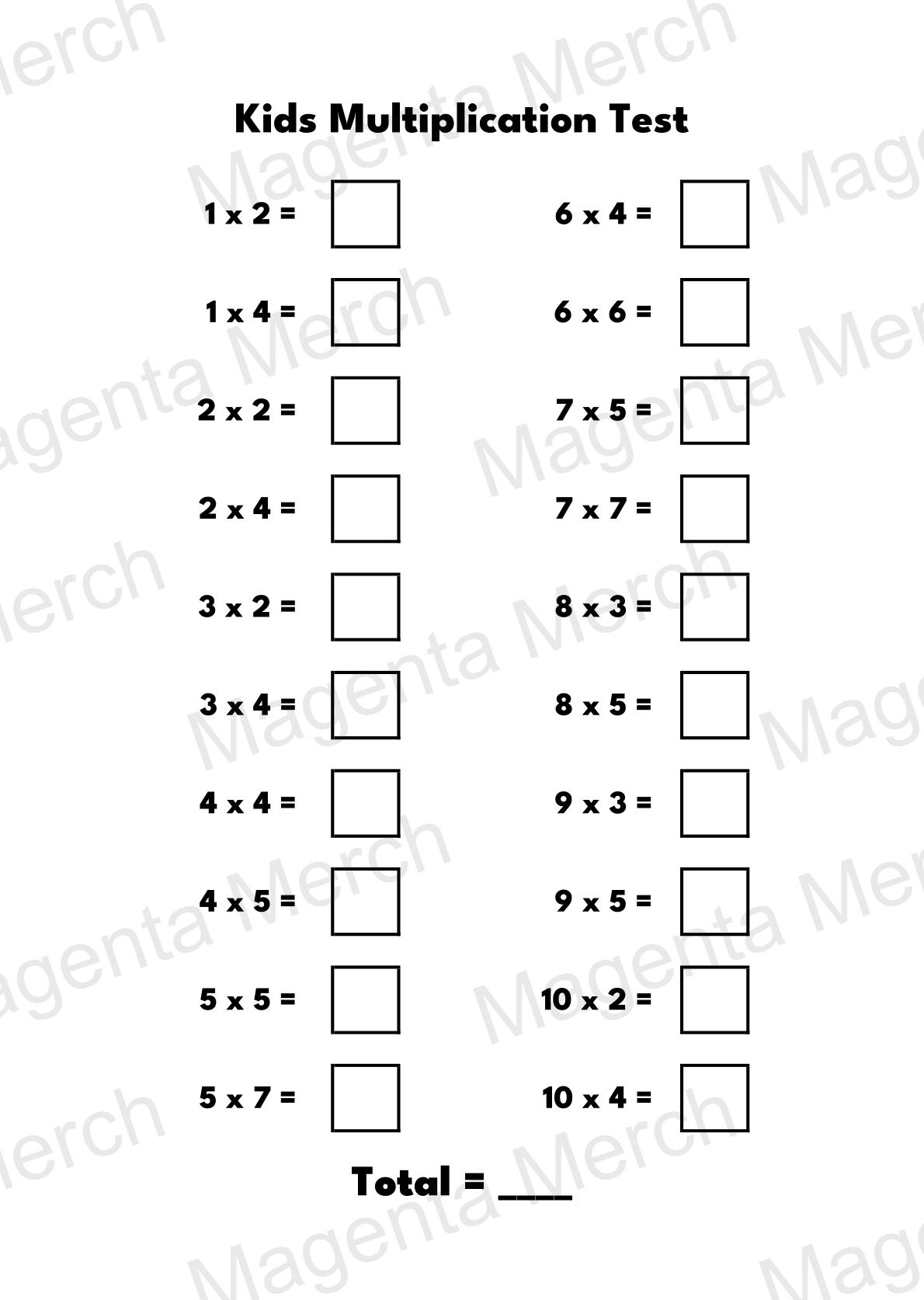 Printable Kids Multiplication Test With Answers - A4 & US Letter PDF ...