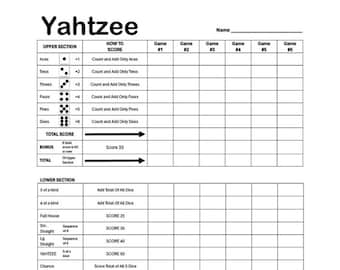 Folha de pontuação de substituição para impressão compatível com Yahtzee - formatos PDF A4, A5 e US Letter