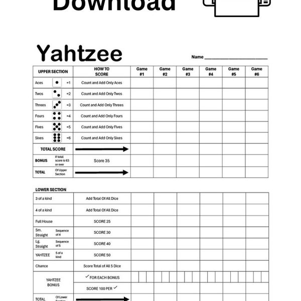 Foglio dei punteggi Yahtzee stampabile