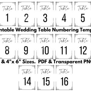 Numeracja stołów weselnych do wydrukowania — formaty A4 i 4" x 6" PDF i PNG