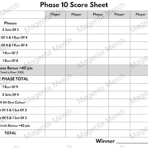 Printable Replacement Score Sheet Compatible With Phase 10 - A4 & US Letter PDF Formats