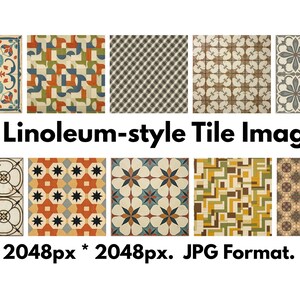 May include: A collection of 25 linoleum-style tile images featuring various geometric and floral patterns in colours including blue, orange, green, brown, and cream. The text 25 Linoleum-style Tile Images and 2048px * 2048px. JPG Format. is visible.