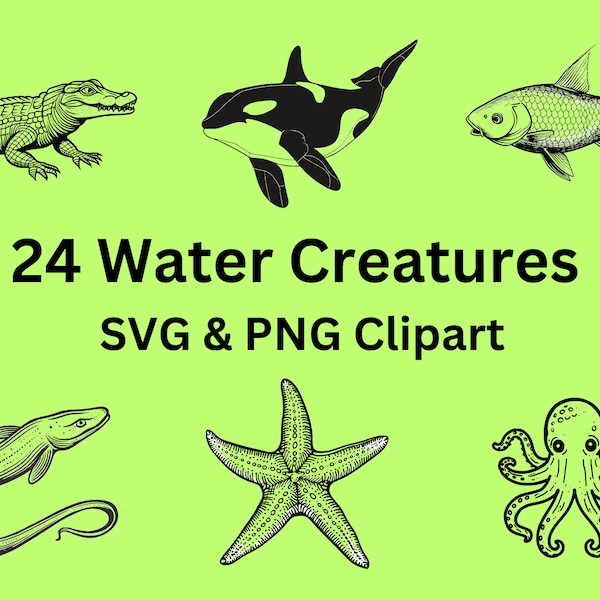 24 Water Creatures Fish Mammals Clipart PNG & SVG Images