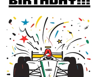 Wydrukowana kartka urodzinowa z motywem samochodu wyścigowego – formaty PDF A4 i US Letter