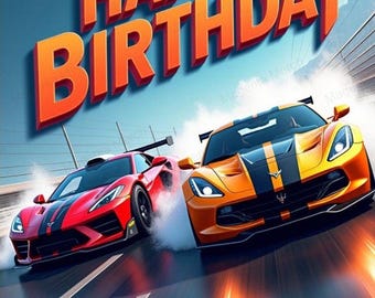 Wydrukowana kartka urodzinowa z motywem sportów motorowych – samochody wyścigowe – formaty A4, US Letter i 7 x 5 PDF