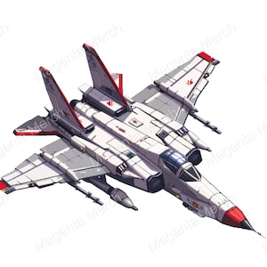 May include: A white and red fighter jet with a pointed nose and two vertical stabilizers. The jet has a detailed cockpit and several weapons mounted on the wings.