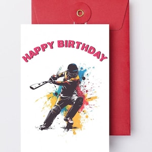Biglietto di auguri di compleanno con giocatore di cricket stampabile e scaricabile in formato PNG e PDF